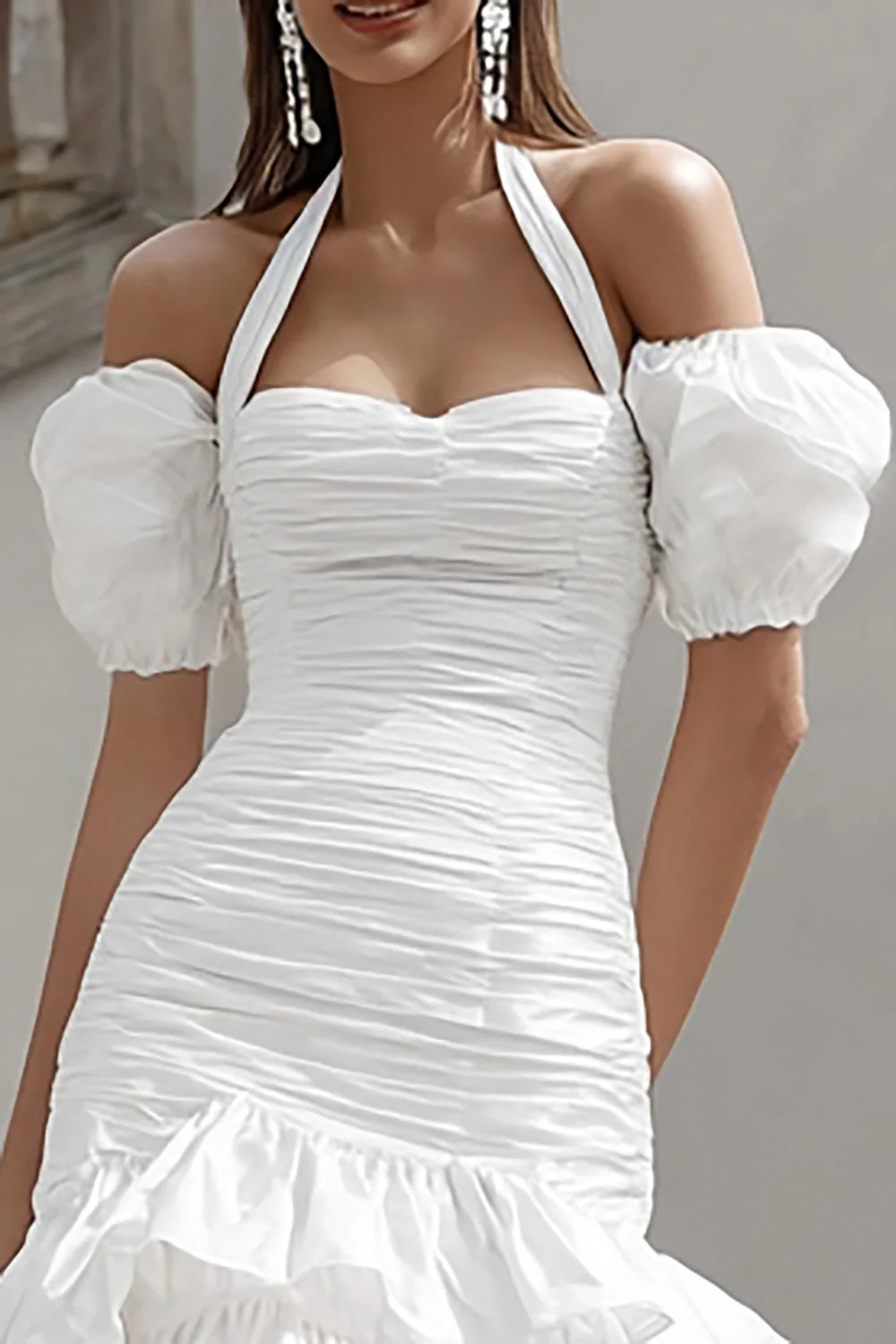 Ivory Halter Bodycon Mini warstwowa sukienka zaręczynowa z falbankami - Image 2
