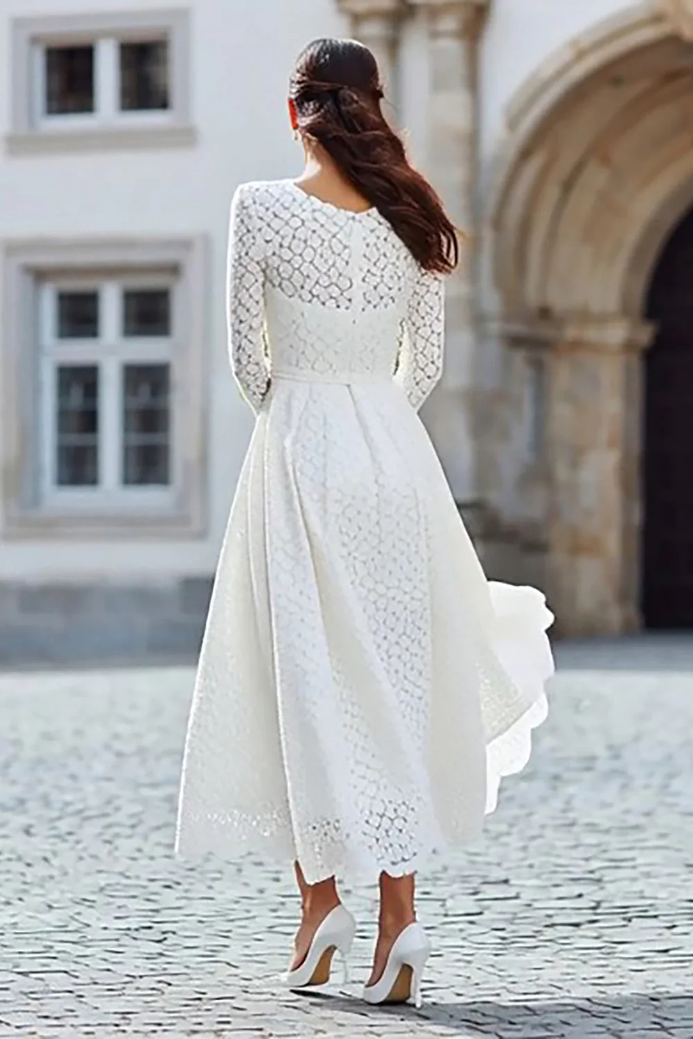 Ivory Lace A Line Długa Sukienka Weselna Z Długimi Rękawami - Image 2
