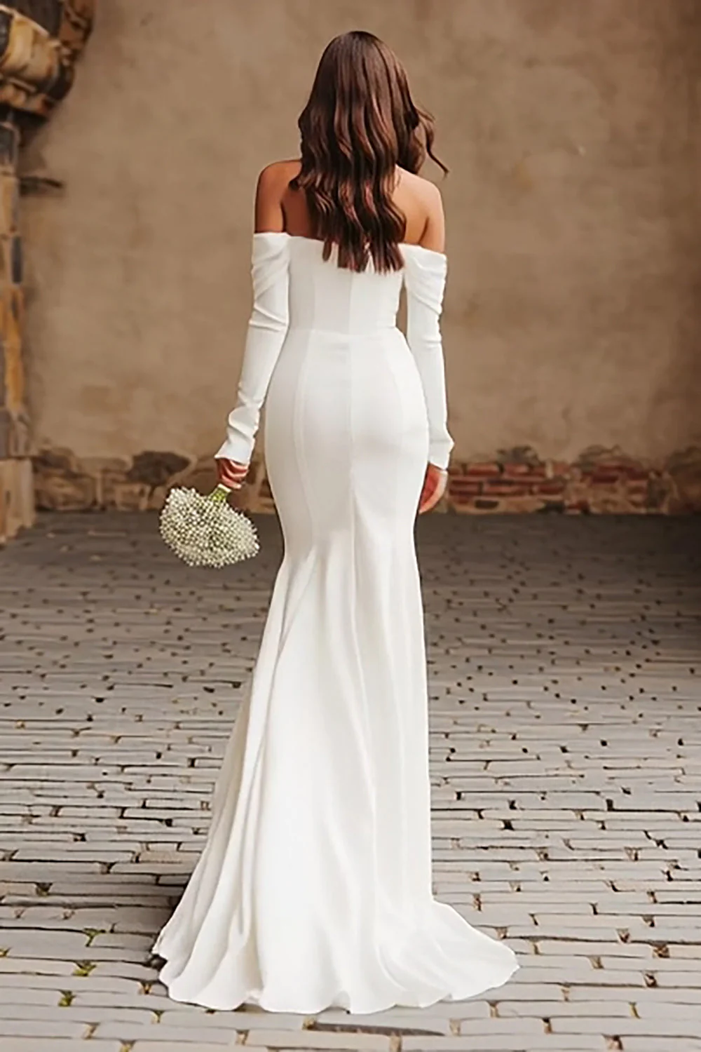 Ivory Mermaid Off The Shoulder Suknia ślubna z długimi rękawami i rozcięciem - Image 2