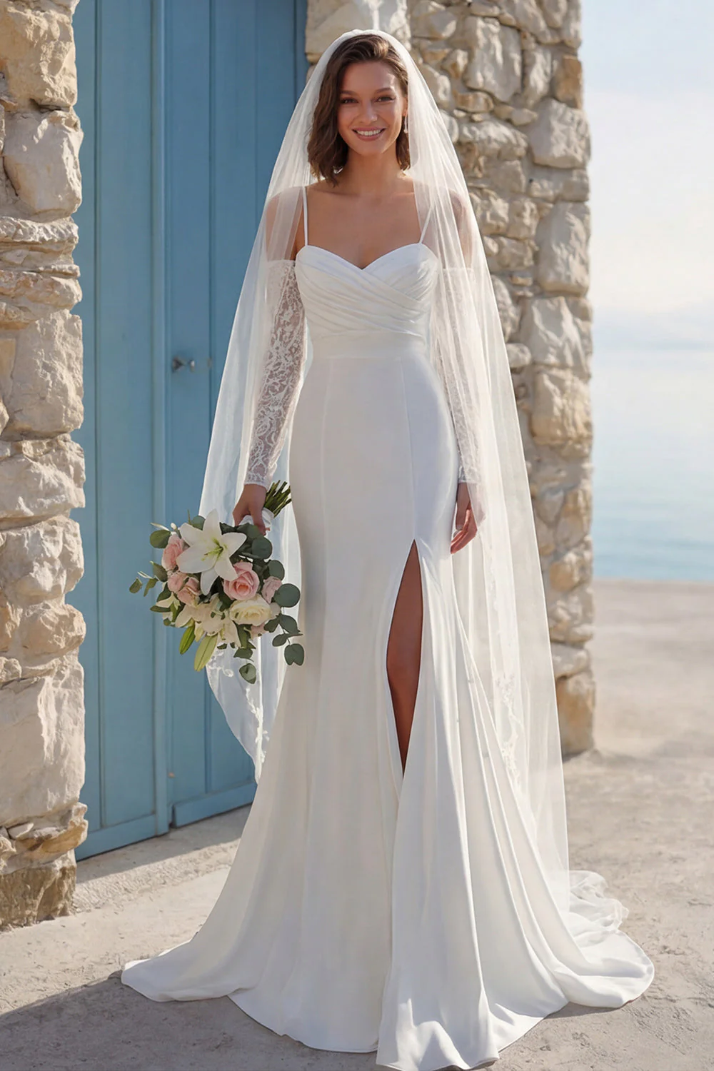 Ivory Mermiad Marched Spaghetti Strips Sweep Train Wedding Dress z rozcięciem - Image 2