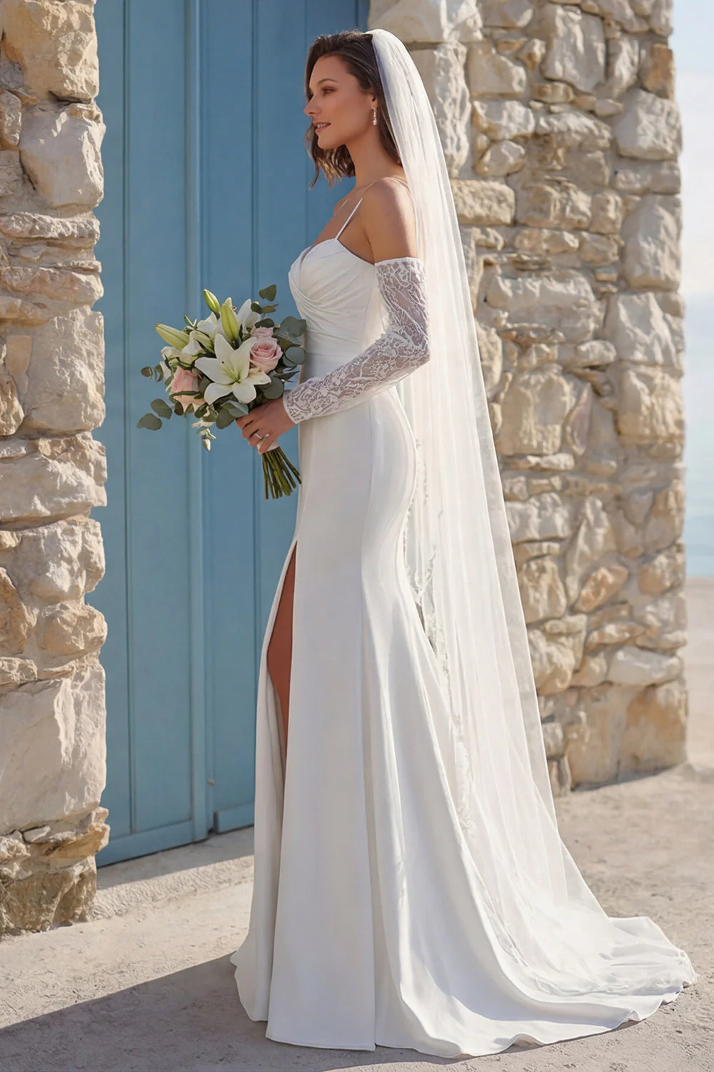 Ivory Mermiad Marched Spaghetti Strips Sweep Train Wedding Dress z rozcięciem - Image 3