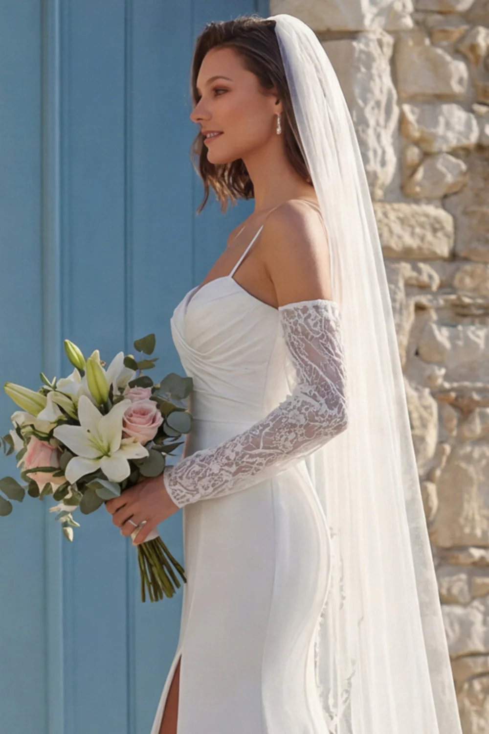 Ivory Mermiad Marched Spaghetti Strips Sweep Train Wedding Dress z rozcięciem - Image 4