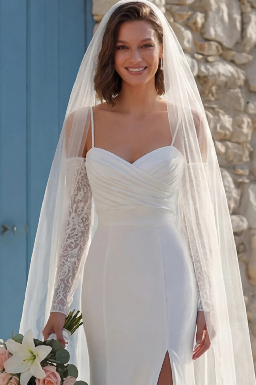 Ivory Mermiad Marched Spaghetti Strips Sweep Train Wedding Dress z rozcięciem - Image 5
