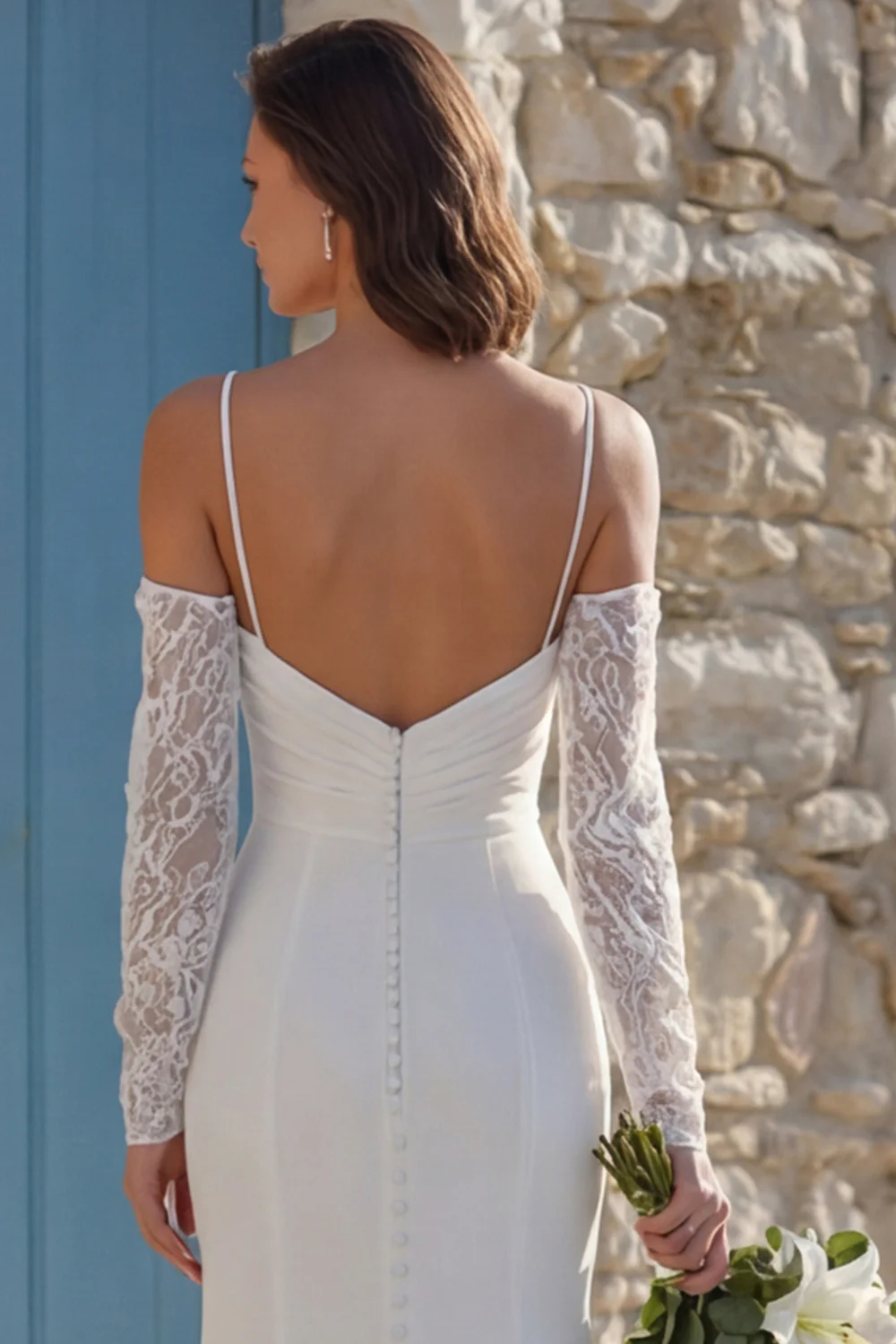 Ivory Mermiad Marched Spaghetti Strips Sweep Train Wedding Dress z rozcięciem - Image 6