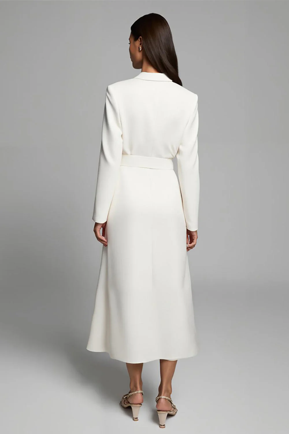 Ivory Notched Lapel A Line Długa Sukienka Marynarka Z Kieszeniami - Image 2