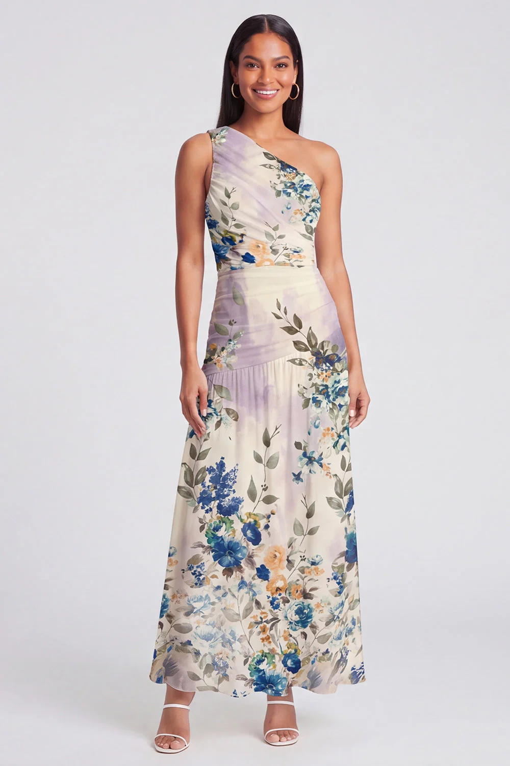 Ivory One Shoulder A Line Maxi Floral Dress - Image 2