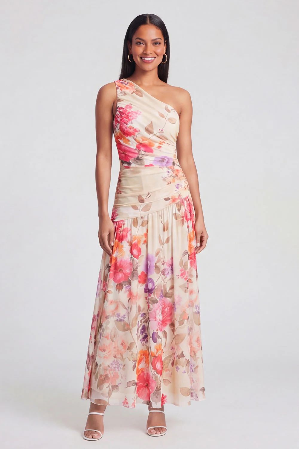 Ivory One Shoulder A Line Maxi Floral Dress - Image 6