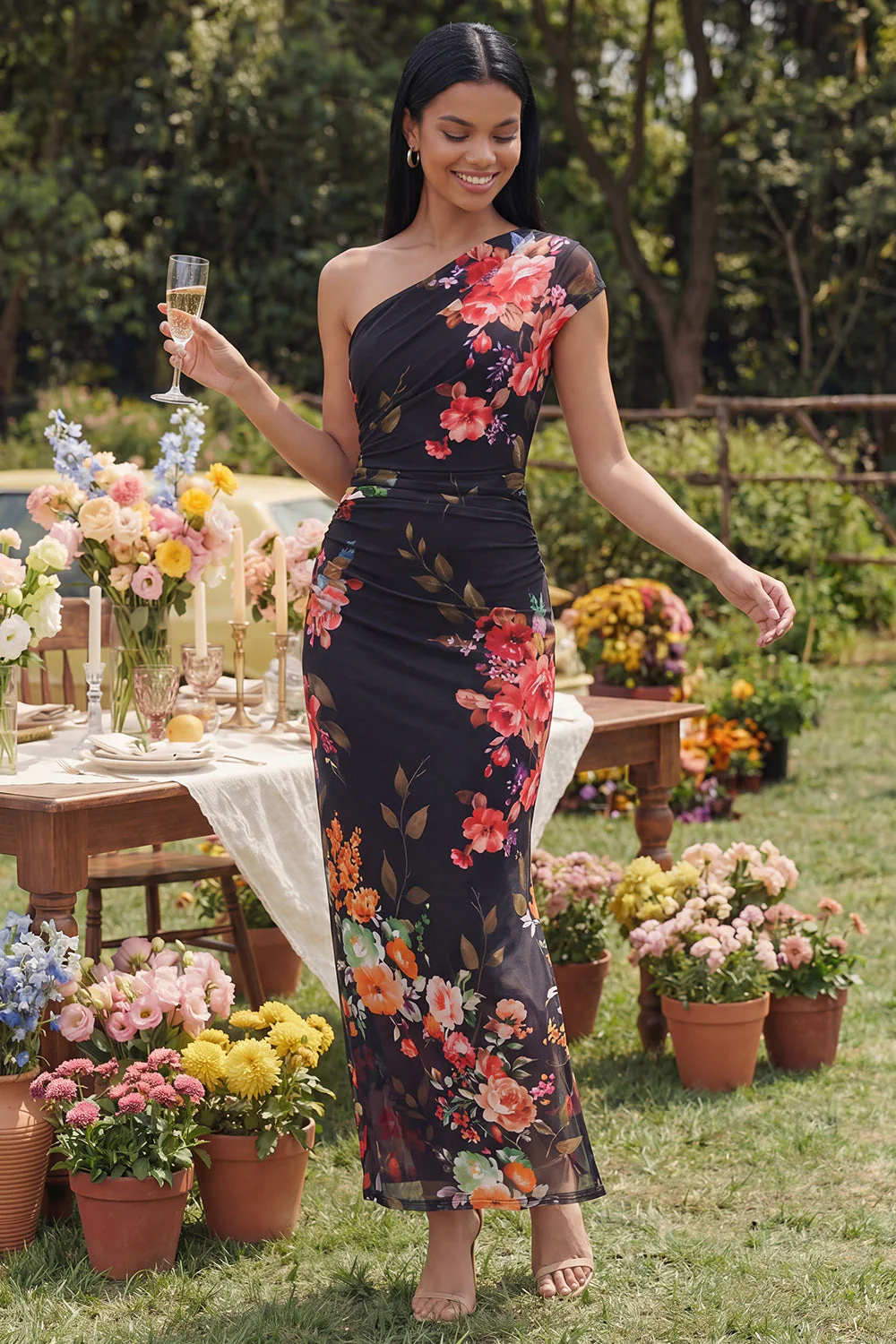 Ivory One Shoulder A Line Maxi Floral Dress - Image 8