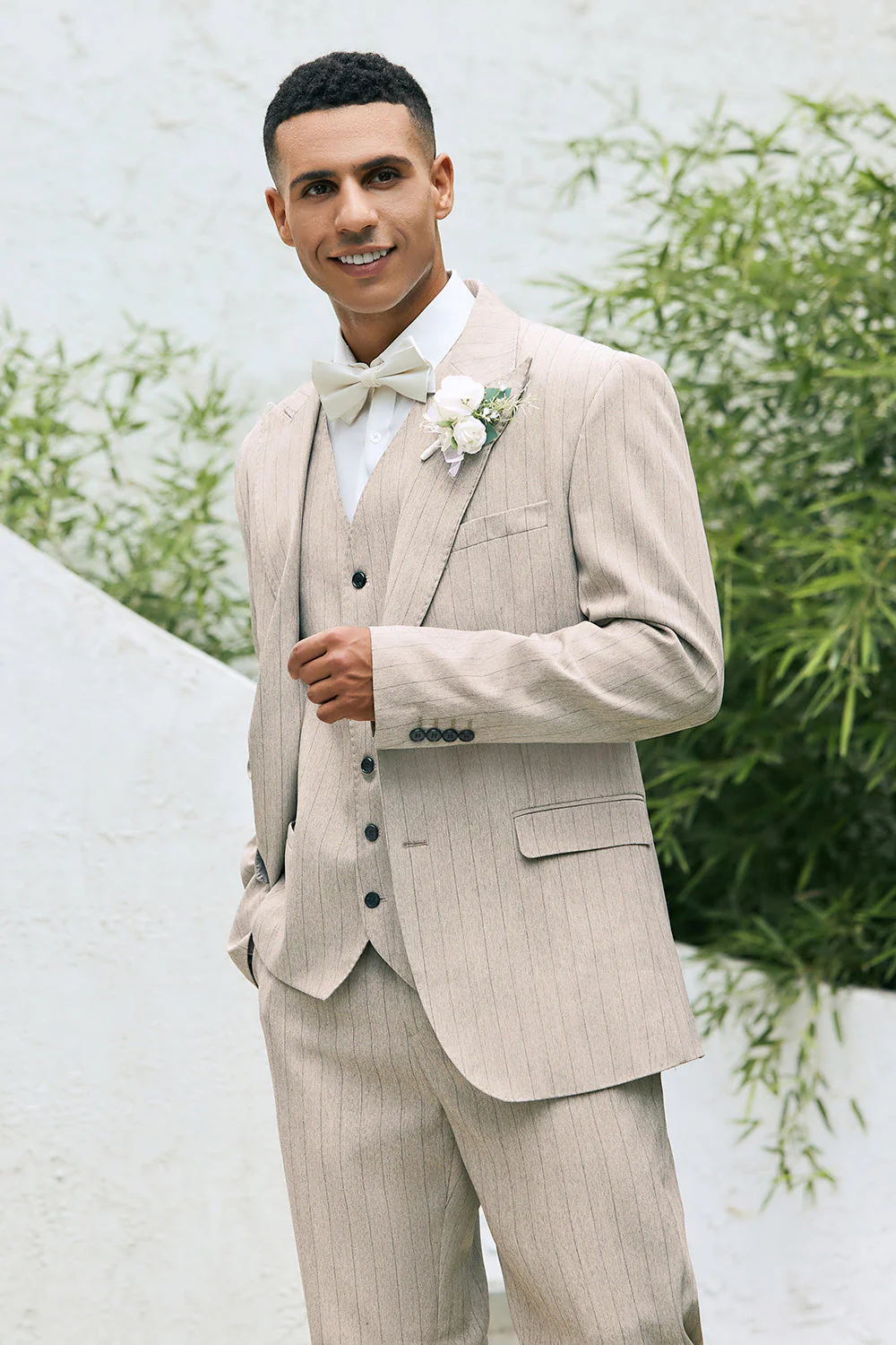 Ivory Peak Lapel Pinstripe Jednorzędowe 3-częściowe męskie garnitury ślubne - Image 3