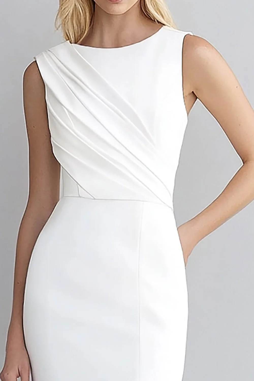 Ivory Satin Bodycon Krótka Sukienka Robocza Bez Rękawów - Image 2