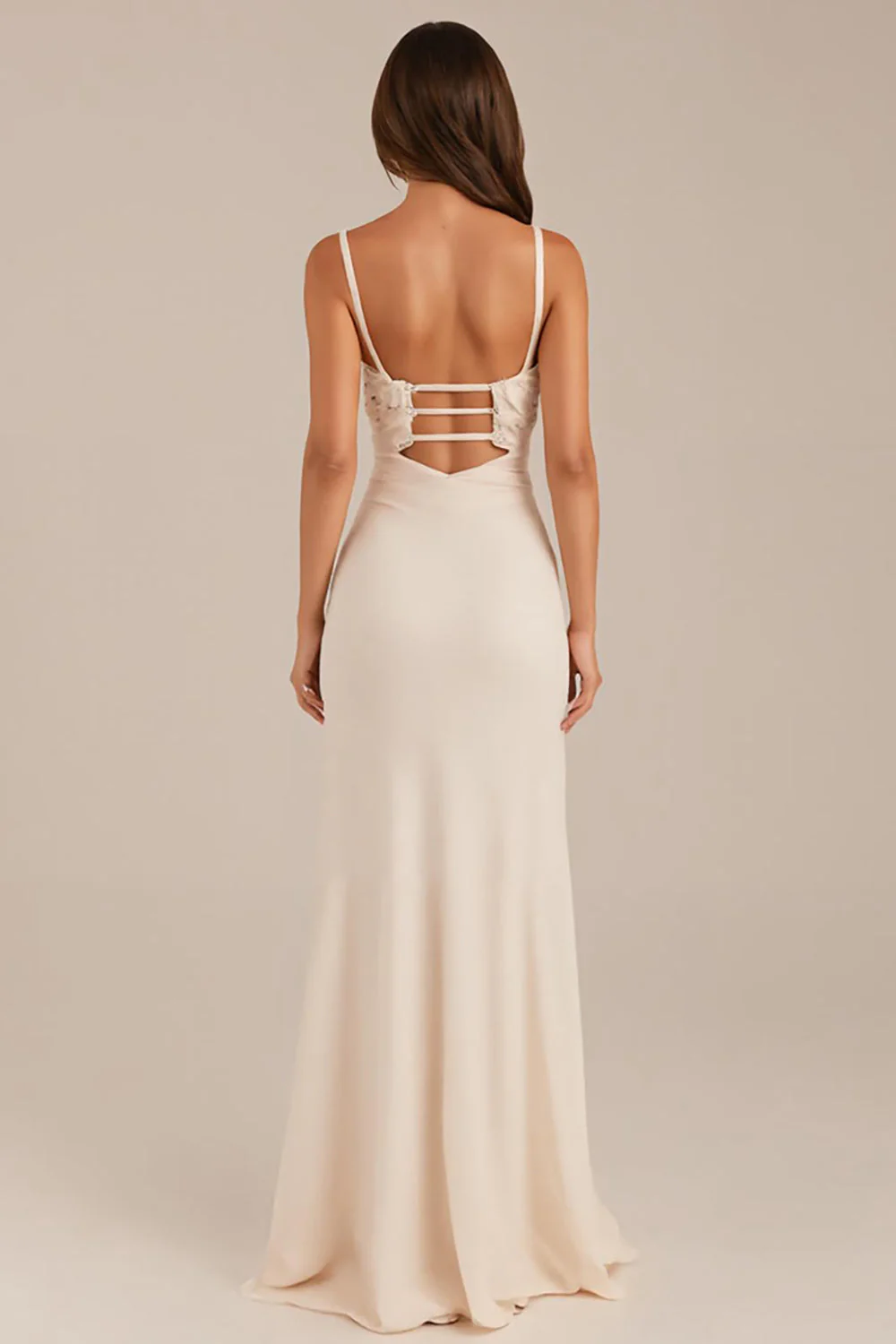 Ivory Sheath Ruched Spaghetti Ramiączka Suknia wieczorowa z rozcięciem - Image 2