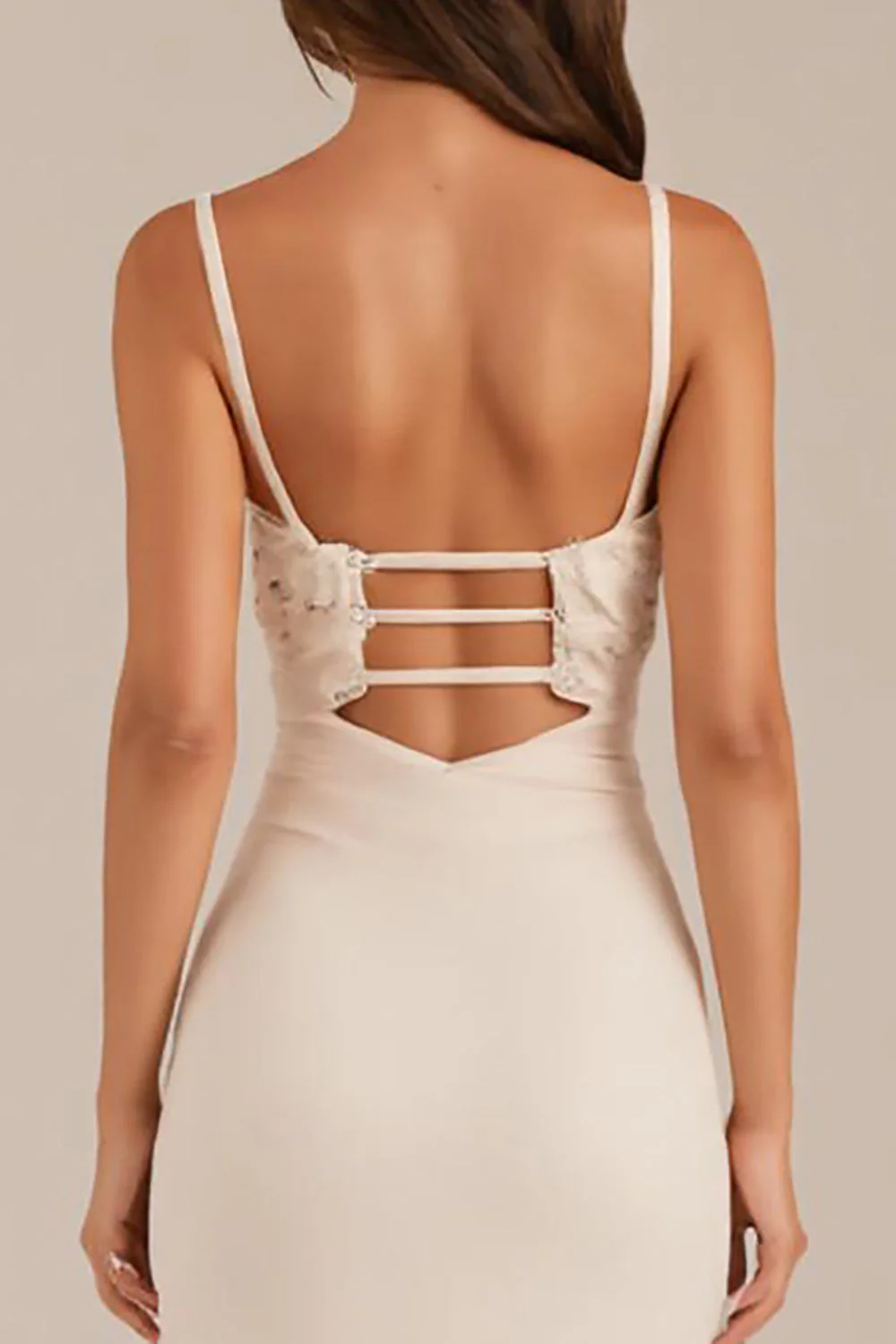 Ivory Sheath Ruched Spaghetti Ramiączka Suknia wieczorowa z rozcięciem - Image 4