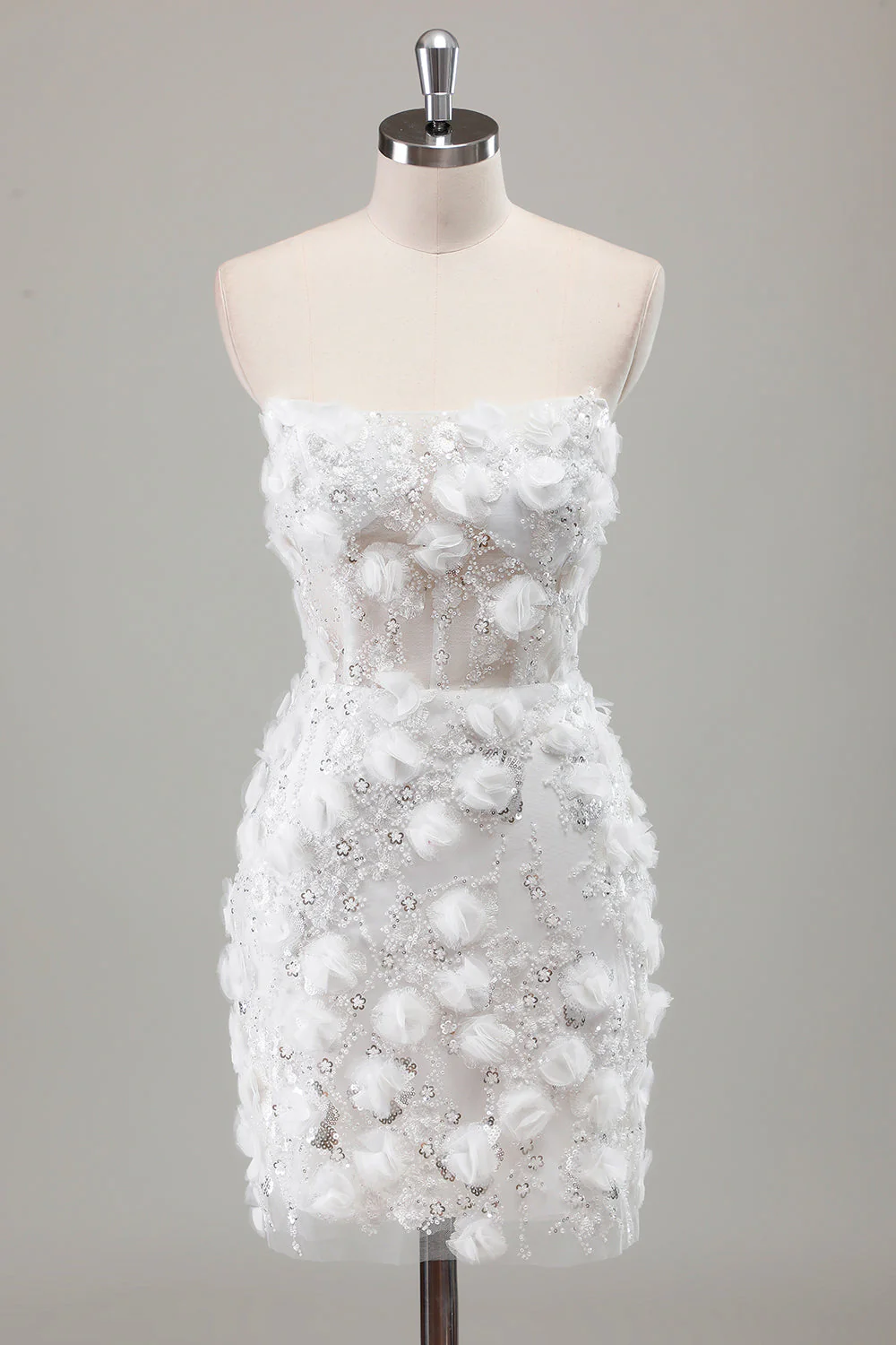Ivory Strapless Beaded Ciasna Krótka Sukienka Ślubna Z Koralikami Z Aplikacjami - Image 3