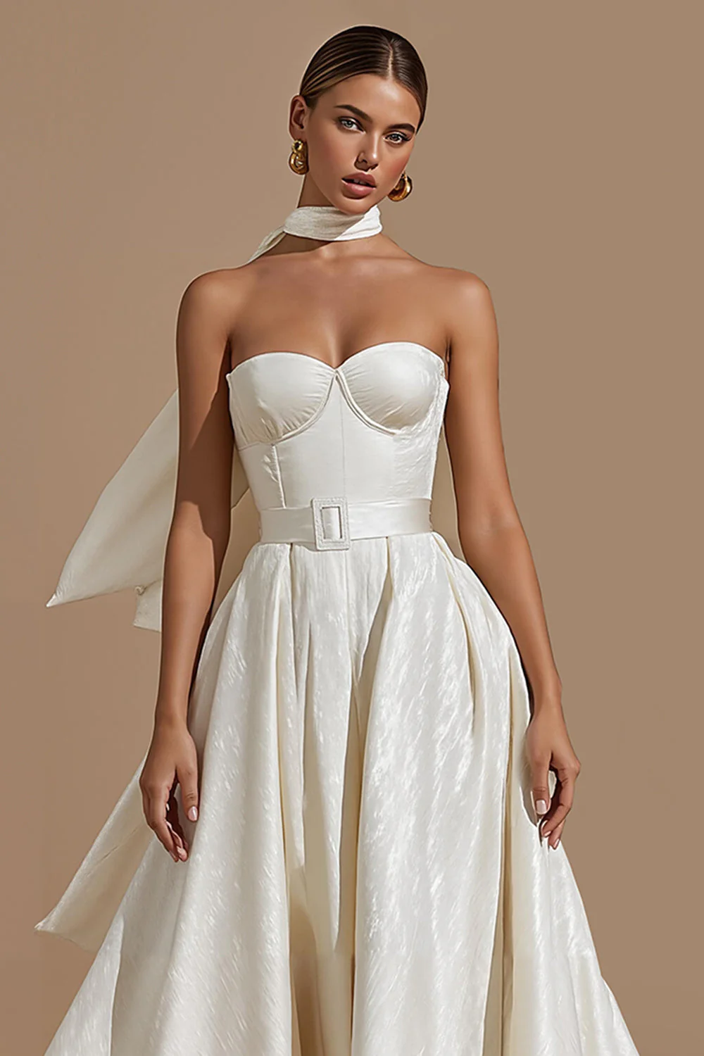 Ivory Sweetheart A Line Midi Suknia Ślubna Z Paskiem - Image 3