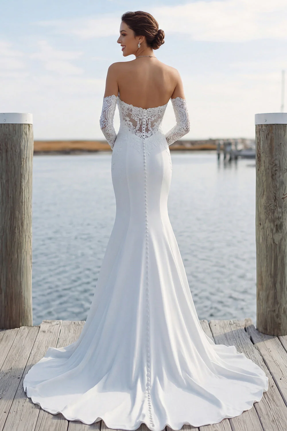 Ivory Sweetheart Mermaid Sweep Train Wedding Dress z koronką - Image 2