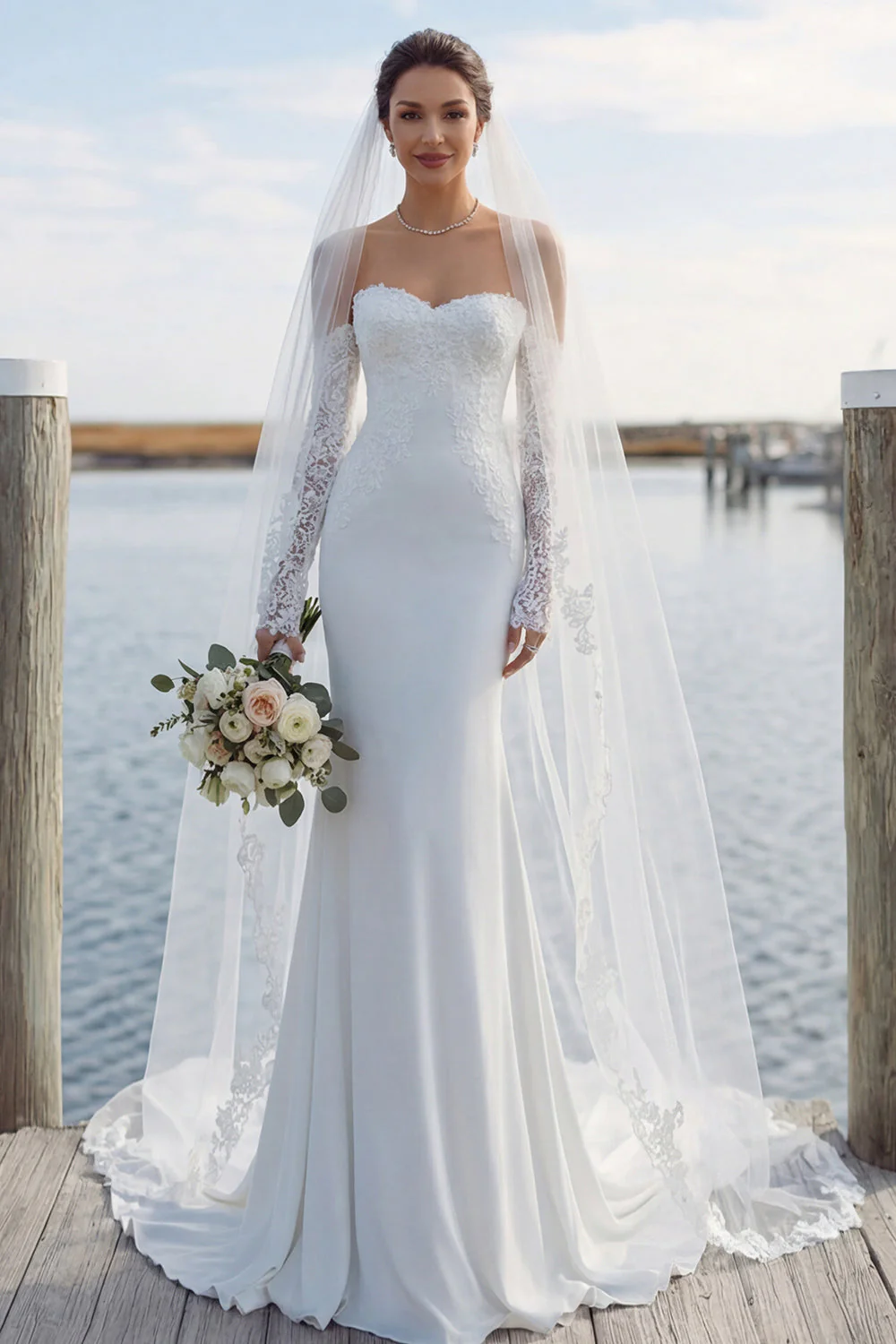 Ivory Sweetheart Mermaid Sweep Train Wedding Dress z koronką - Image 3