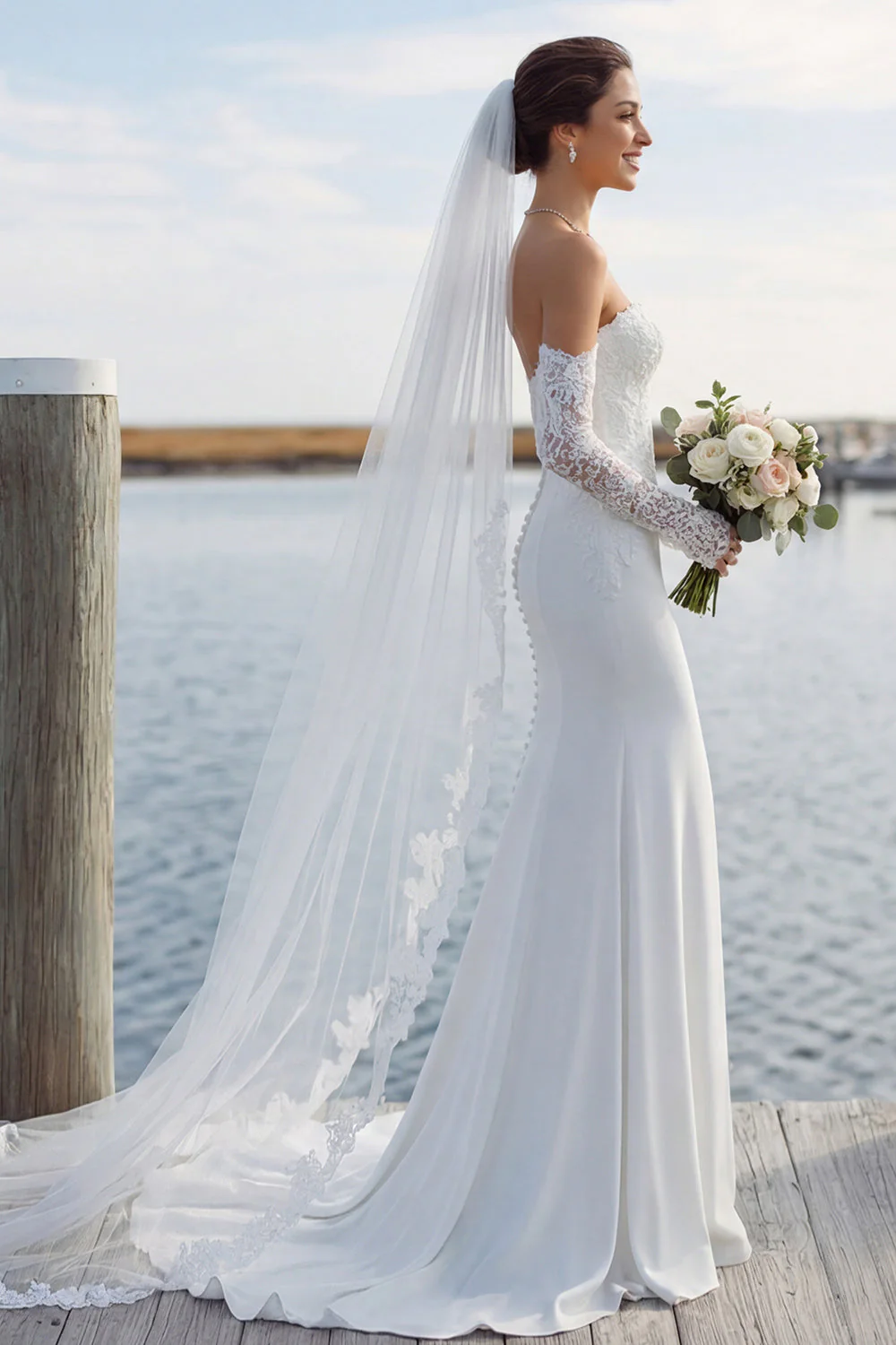 Ivory Sweetheart Mermaid Sweep Train Wedding Dress z koronką - Image 4
