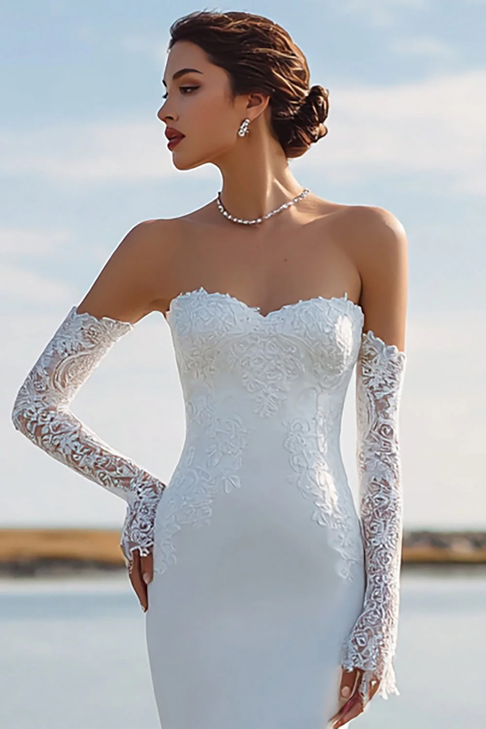 Ivory Sweetheart Mermaid Sweep Train Wedding Dress z koronką - Image 5