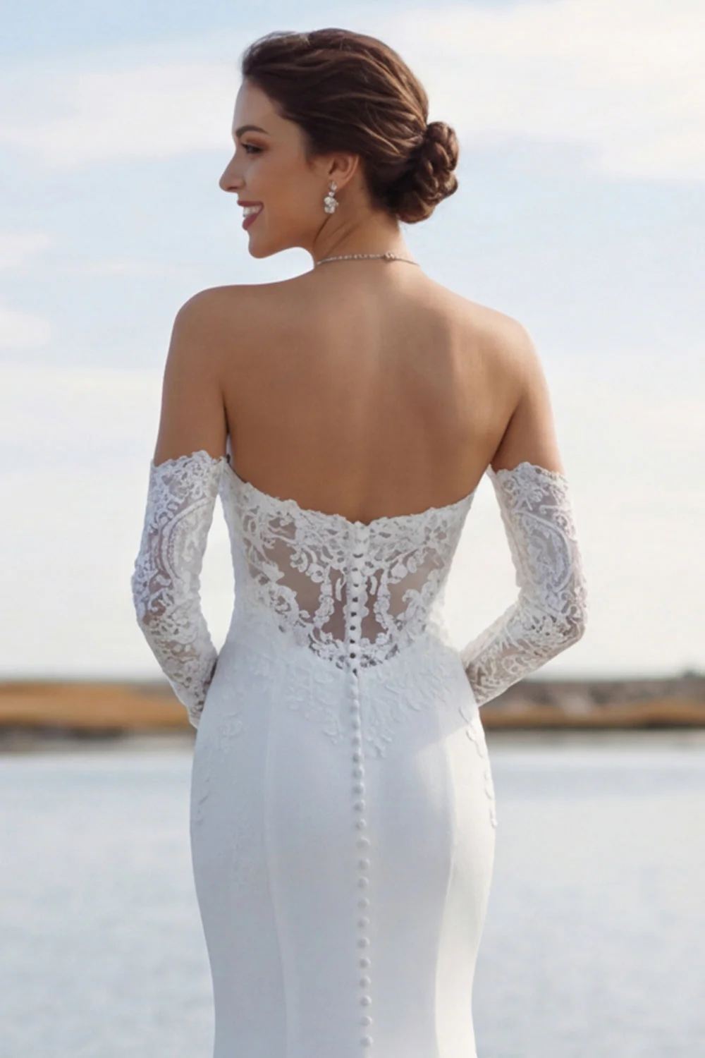 Ivory Sweetheart Mermaid Sweep Train Wedding Dress z koronką - Image 6