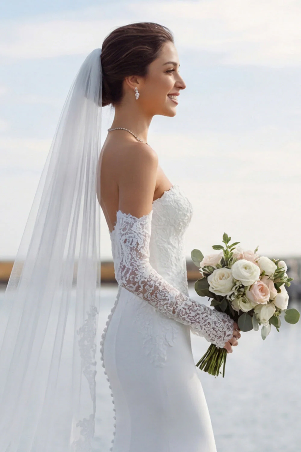 Ivory Sweetheart Mermaid Sweep Train Wedding Dress z koronką - Image 7