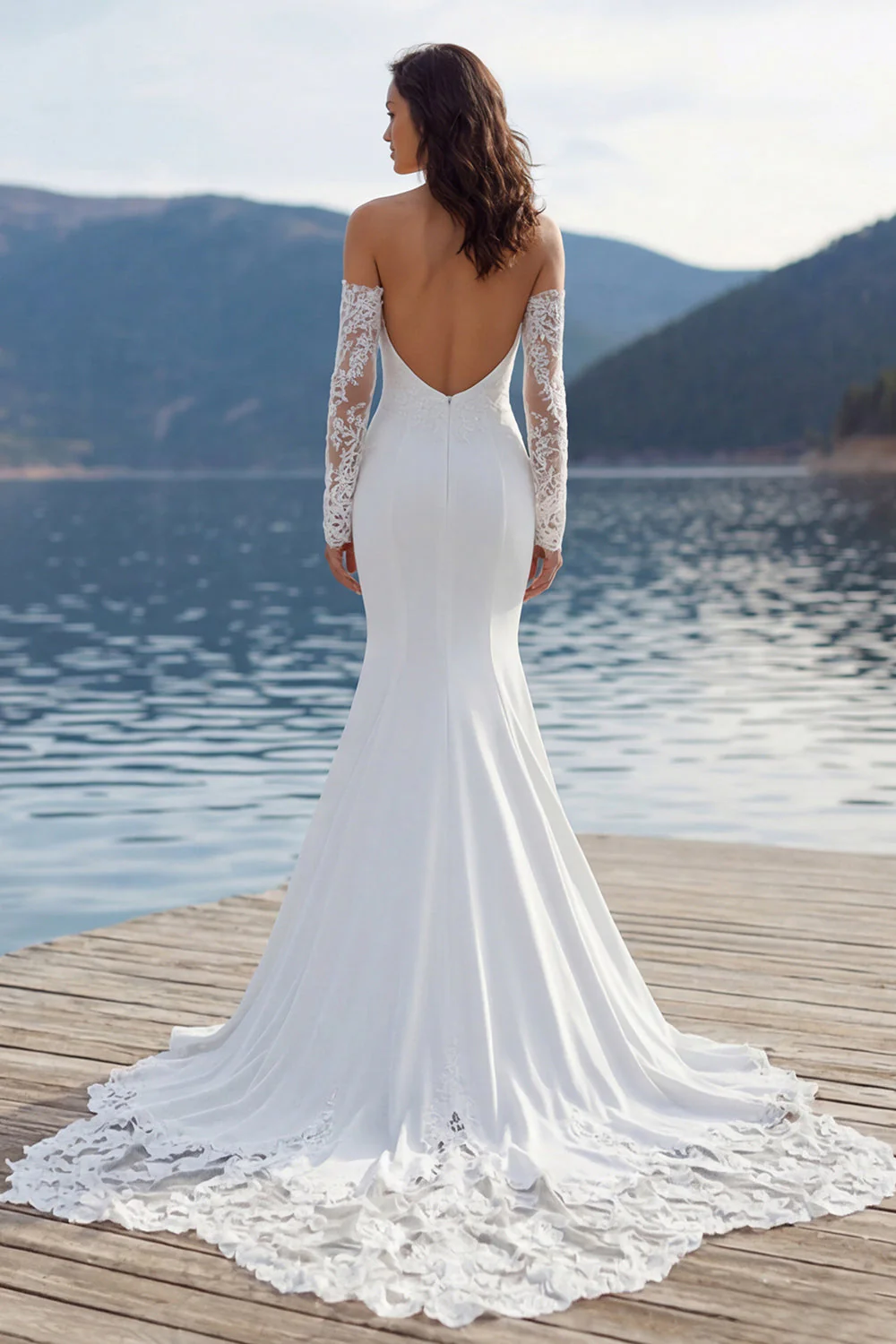 Ivory Sweetheart Mermaid Sweep Train Wedding Dress z rękawami - Image 2