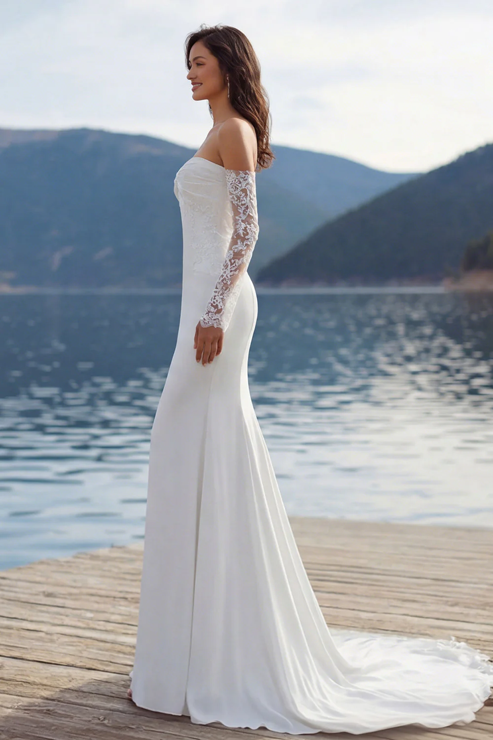 Ivory Sweetheart Mermaid Sweep Train Wedding Dress z rękawami - Image 3