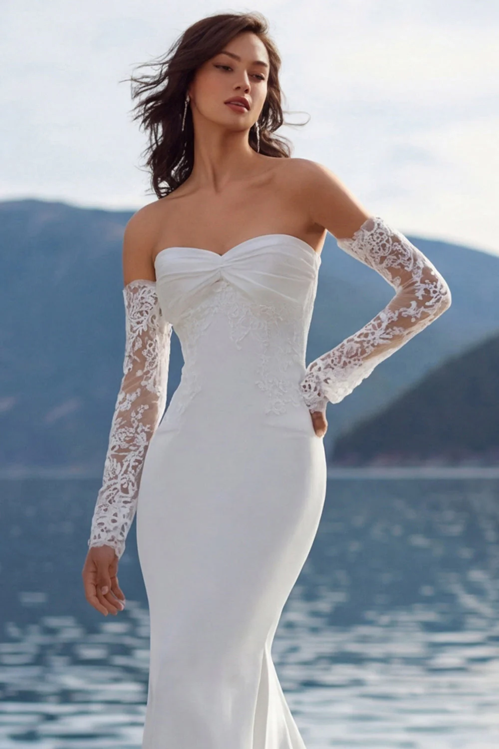 Ivory Sweetheart Mermaid Sweep Train Wedding Dress z rękawami - Image 4