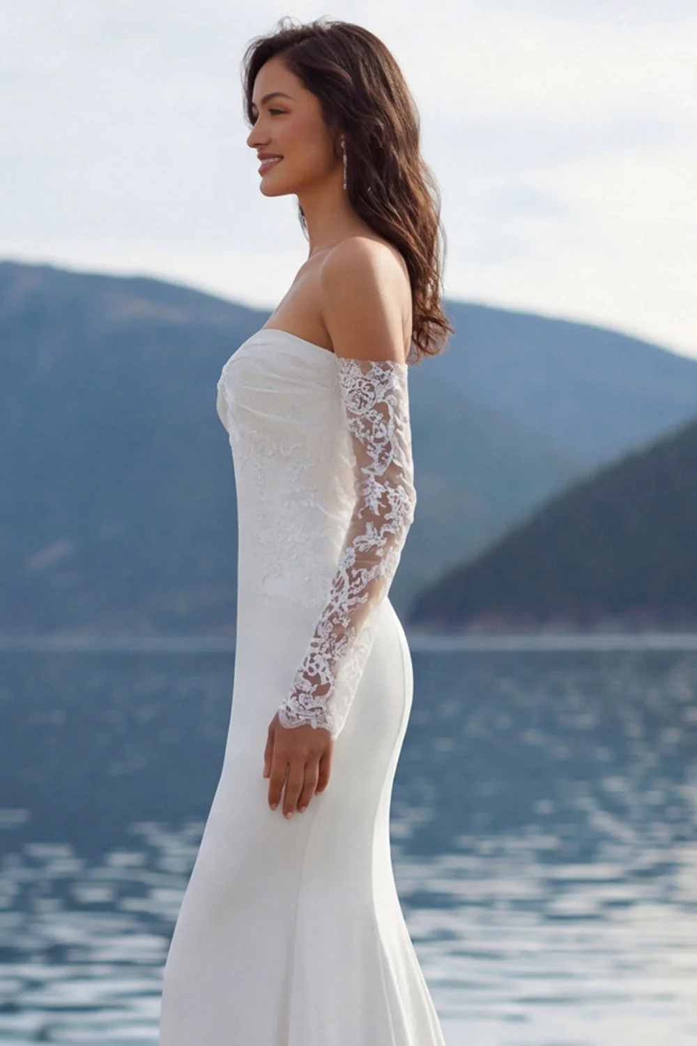 Ivory Sweetheart Mermaid Sweep Train Wedding Dress z rękawami - Image 6