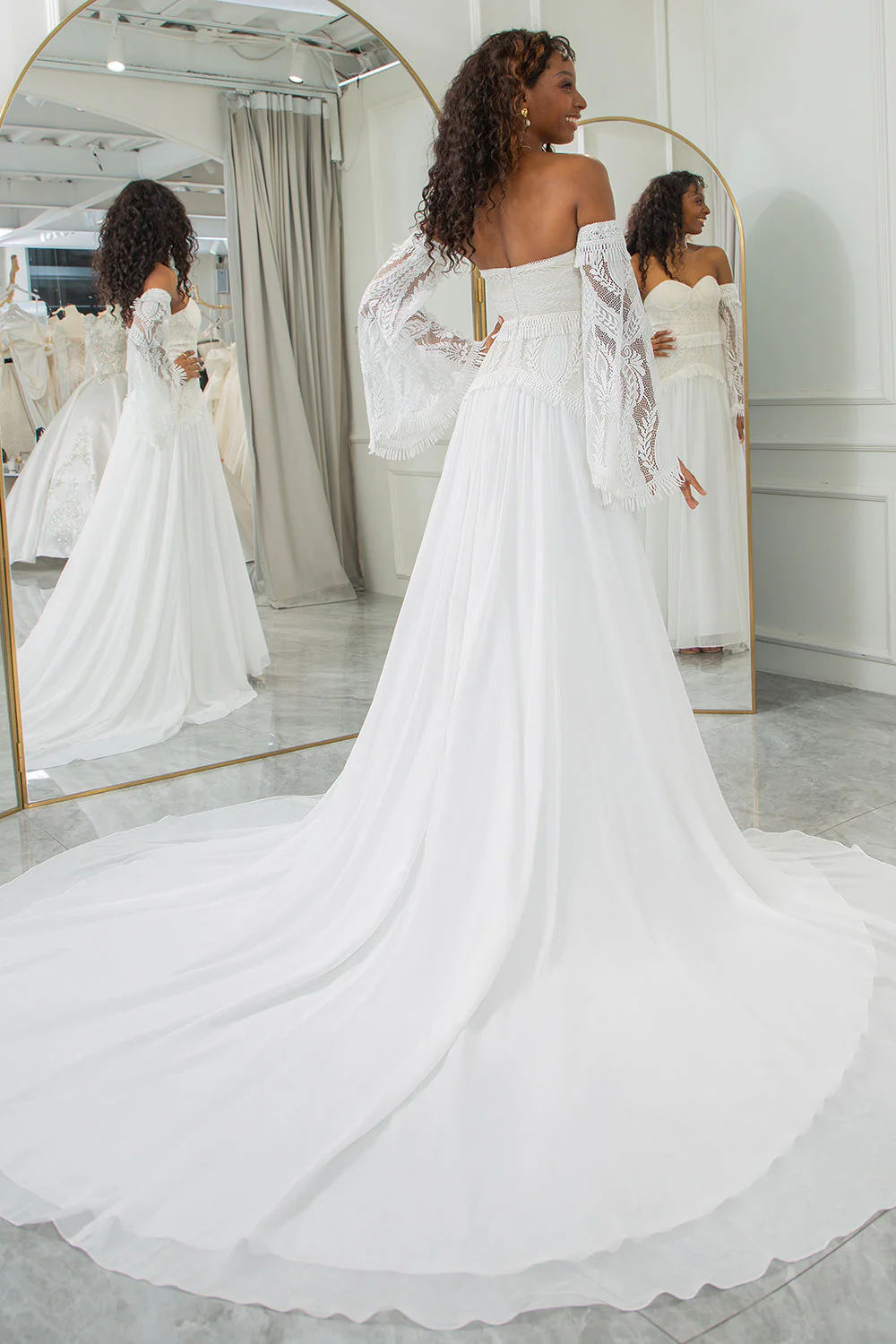 Ivory Sweetheart Odpinane Rozszerzane Rękawy Boho Suknia Ślubna - Image 2