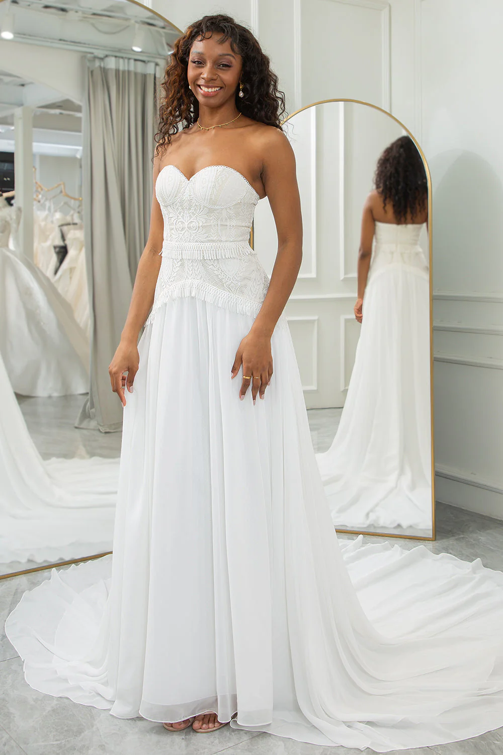 Ivory Sweetheart Odpinane Rozszerzane Rękawy Boho Suknia Ślubna - Image 3