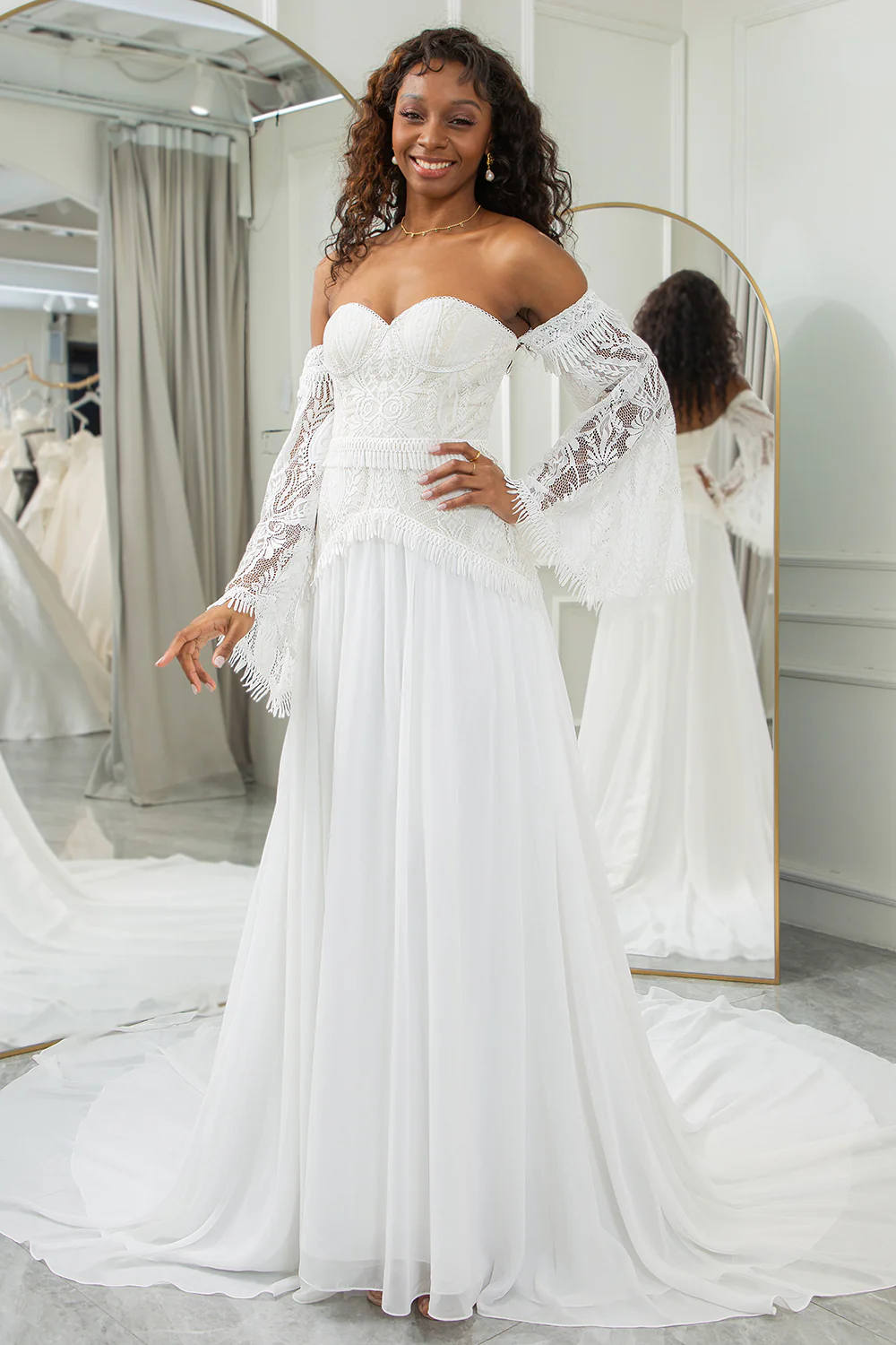 Ivory Sweetheart Odpinane Rozszerzane Rękawy Boho Suknia Ślubna - Image 4