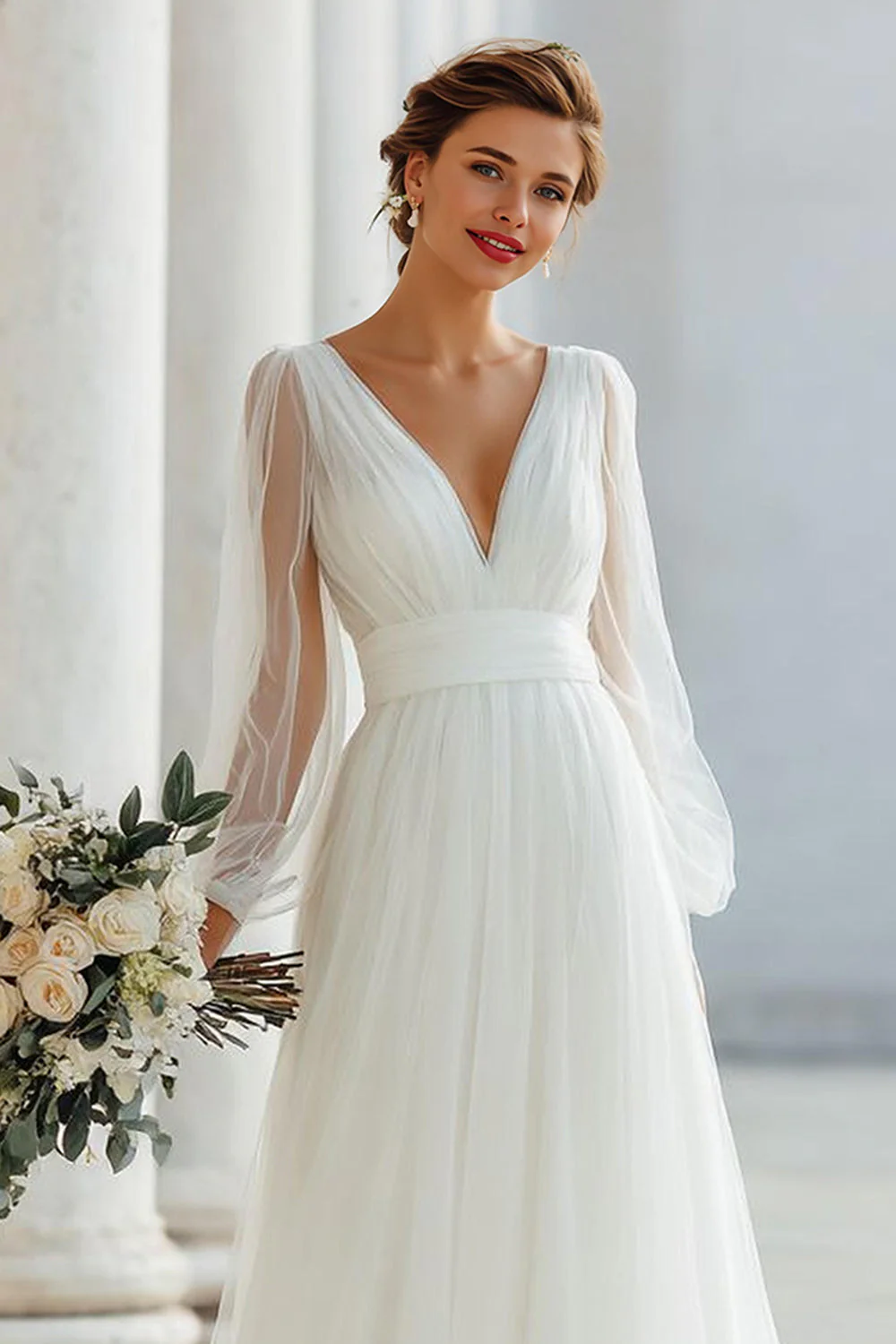 Ivory V-Neck A Line Suknia Ślubna Z Długim Rękawem - Image 3