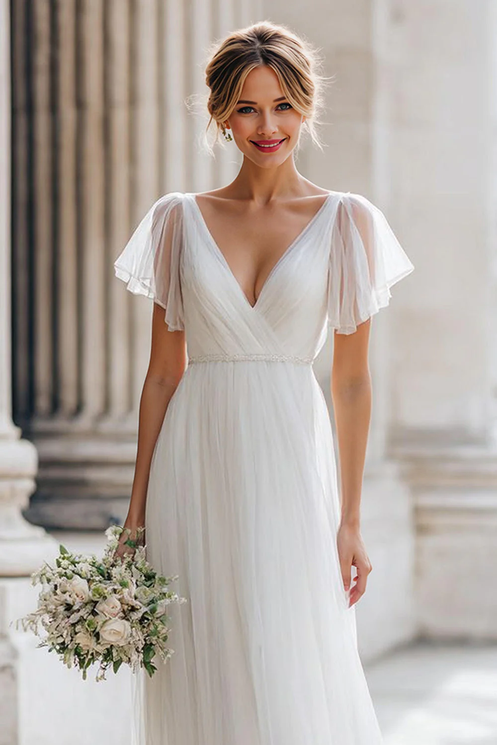 Ivory V-Neck A Line Suknia Ślubna Z Krótkim Rękawem - Image 3
