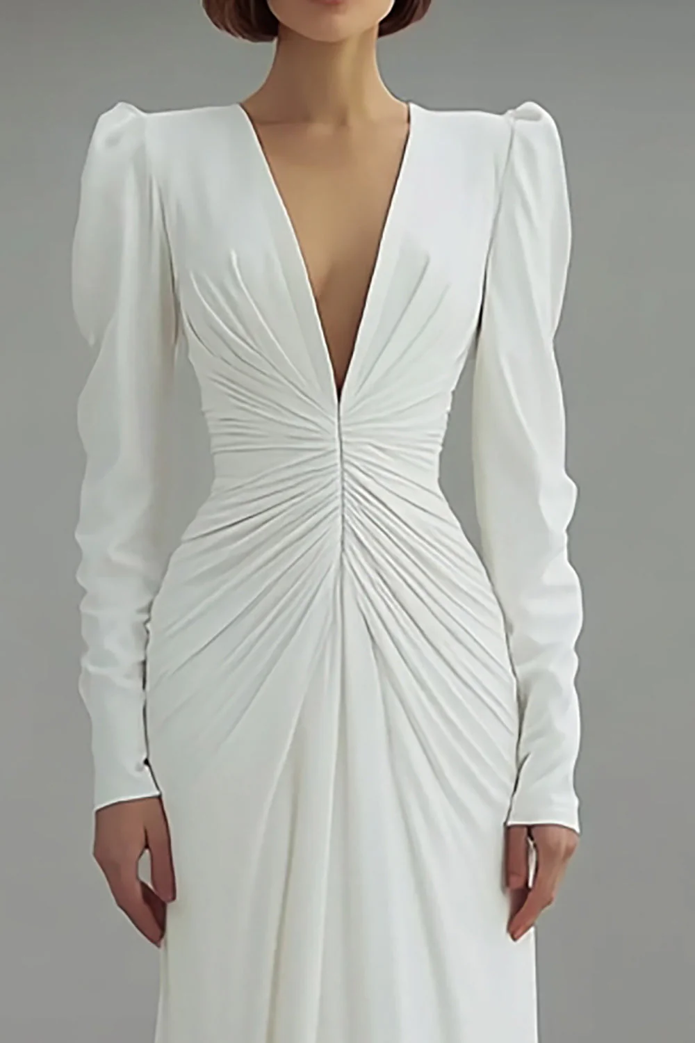 Ivory V-Neck Ruched Strench Suknia ślubna z długim rękawem - Image 2