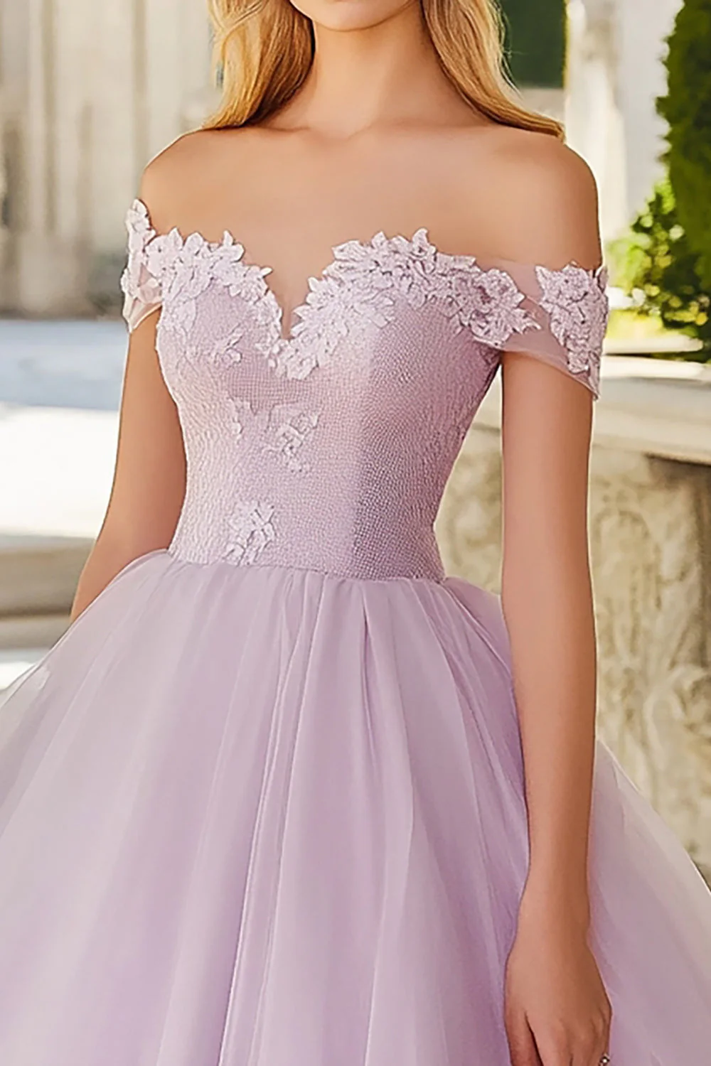 Jasnofioletowa tiulowa księżniczka z odkrytymi ramionami sukienka quinceanera z aplikacjami - Image 2