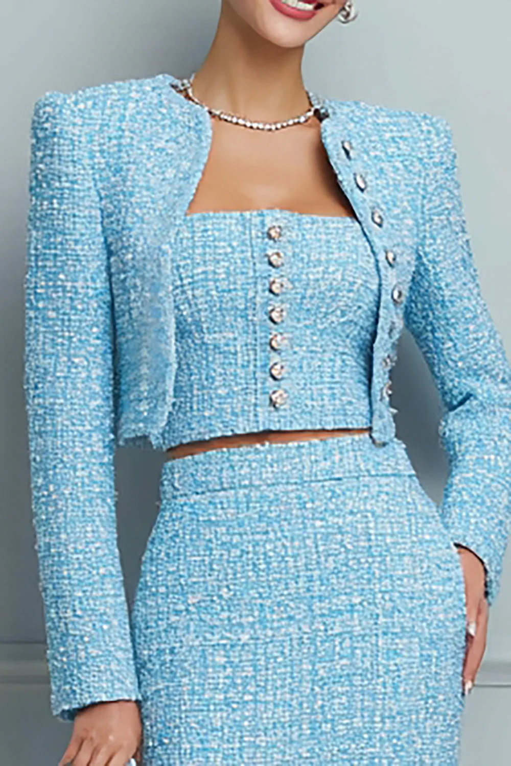 Jasnoniebieska 3-częściowa sukienka robocza z długim rękawem Bodycon - Image 2