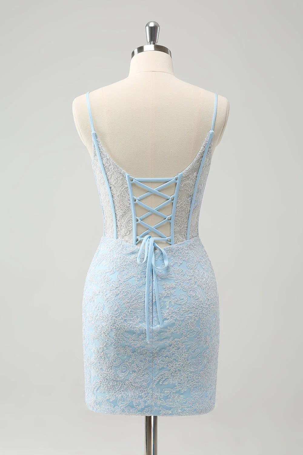 Jasnoniebieska bodycon na ramiączkach spaghetti gorset sukienka homceoming z cekinami - Image 2