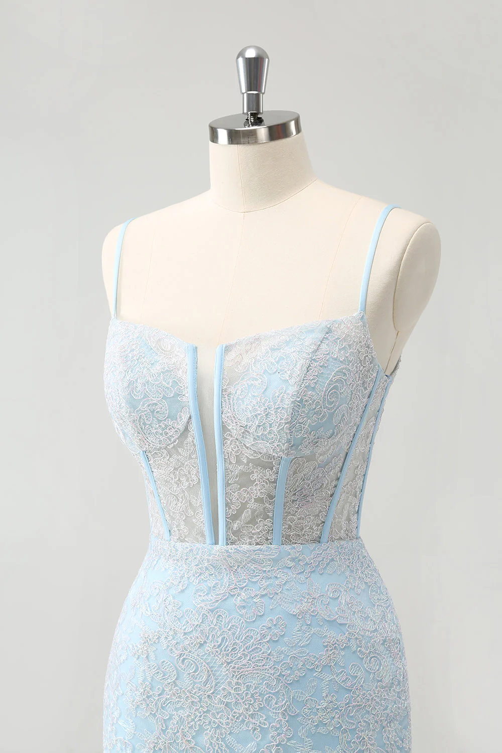 Jasnoniebieska bodycon na ramiączkach spaghetti gorset sukienka homceoming z cekinami - Image 3