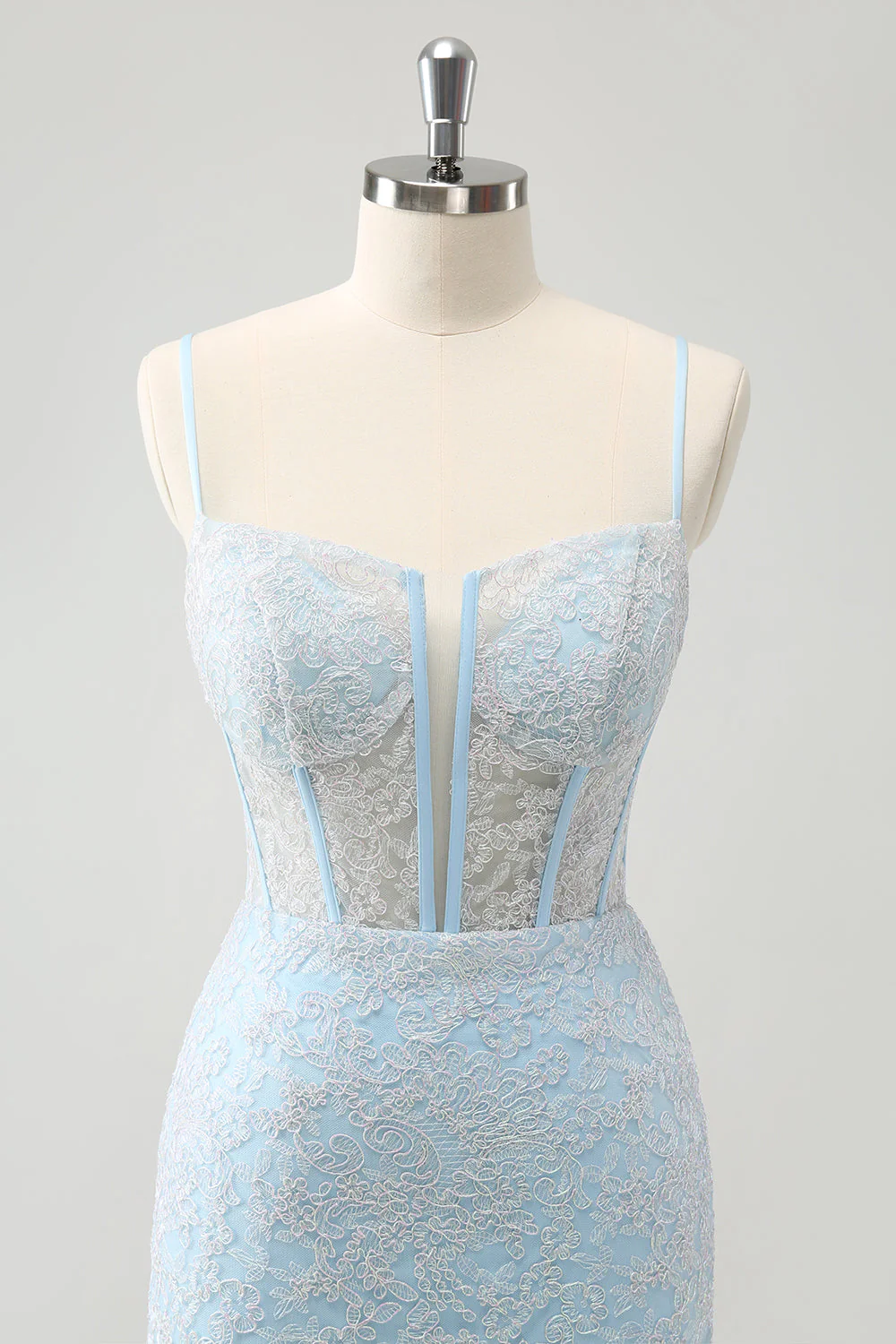 Jasnoniebieska bodycon na ramiączkach spaghetti gorset sukienka homceoming z cekinami - Image 5