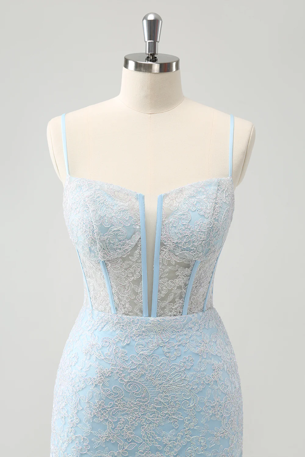 Jasnoniebieska bodycon na ramiączkach spaghetti gorset sukienka homceoming z cekinami - Image 6