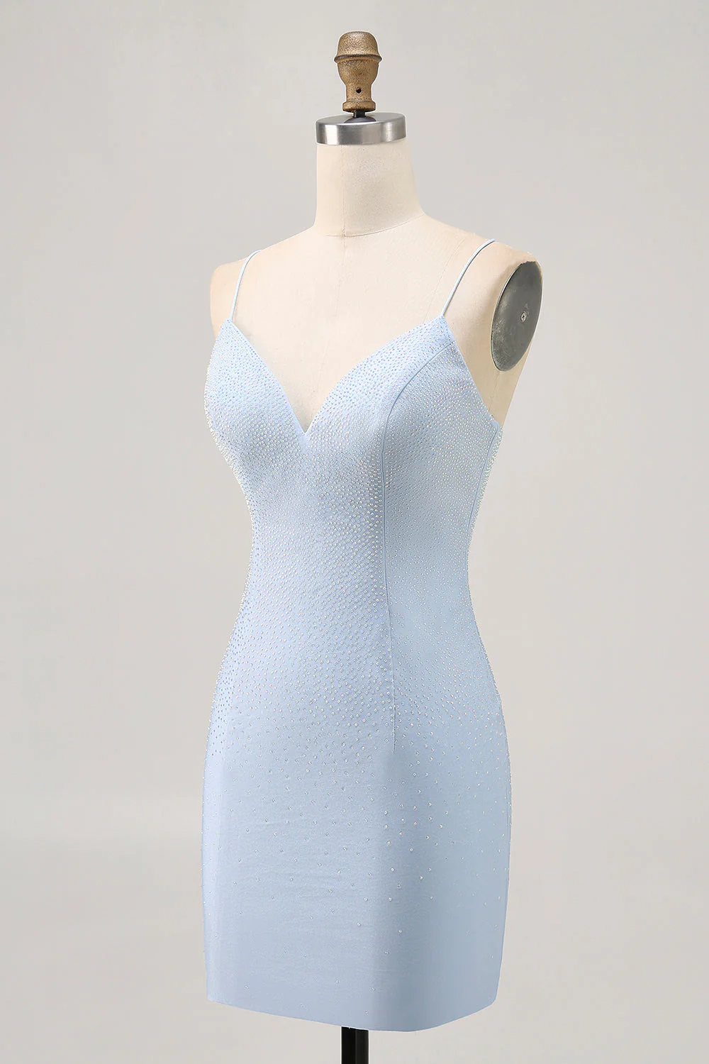Jasnoniebieska sukienka na ramiączka spaghetti bodycon z koralikami do domu - Image 3