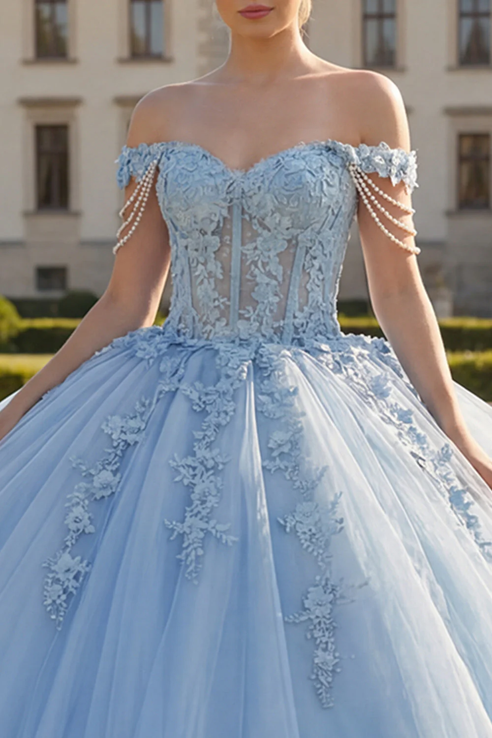 Jasnoniebieska suknia balowa z odkrytymi ramionami i aplikacjami na gorset Quinceanera - Image 3
