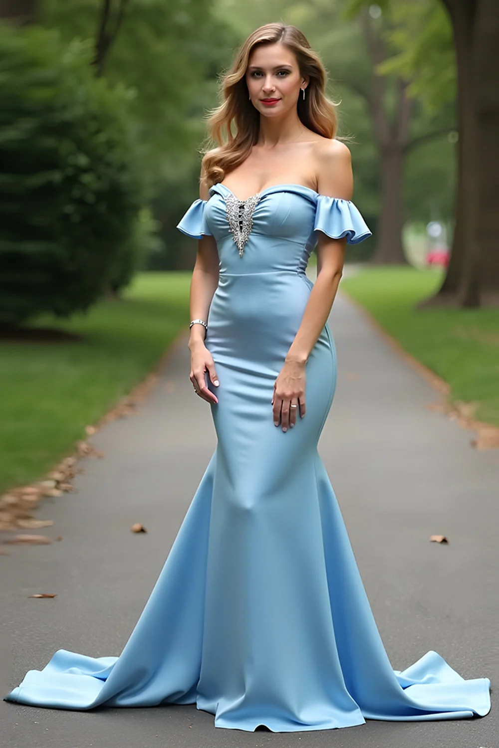 Jasnoniebieska syrenka z ramionami z ruched sukienka dla gości weselnych - Image 3