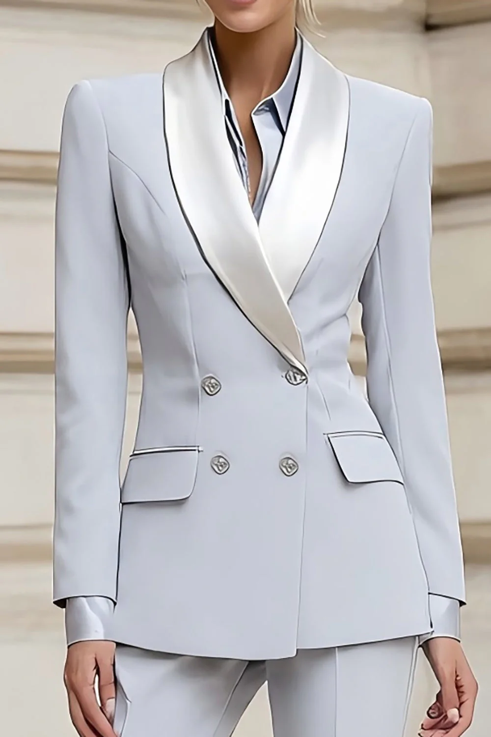 Jasnoszary szal z klapami 2-częściowe dwurzędowe damskie garnitury biznesowe slim fit - Image 2