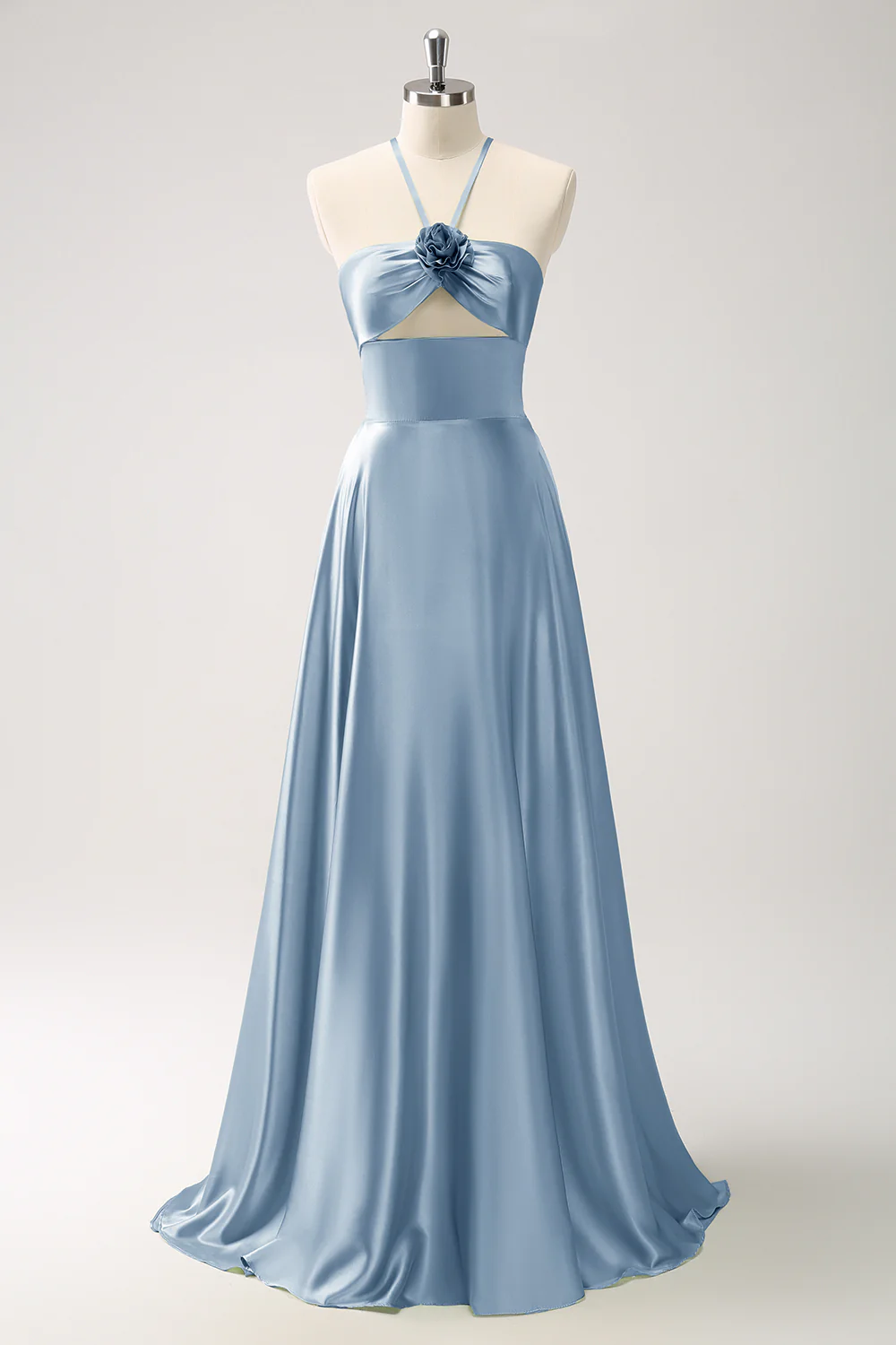Jasnozielona satynowa sukienka druhny o linii A Hollow Out z kwiatem - Image 17