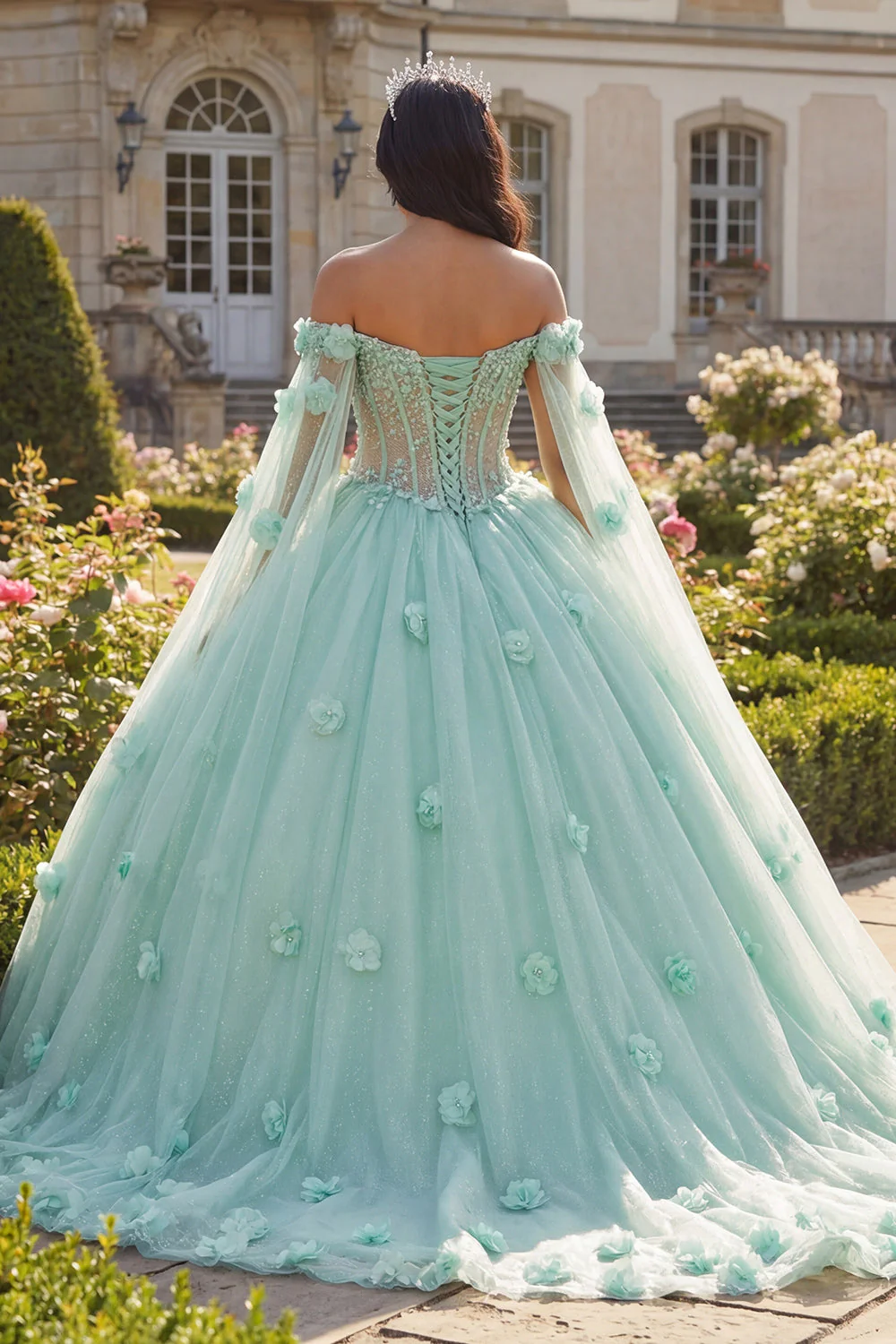 Jasnozielona suknia balowa z koralikami z ramionami, gorset 3D flower Quinceanera z peleryną - Image 2