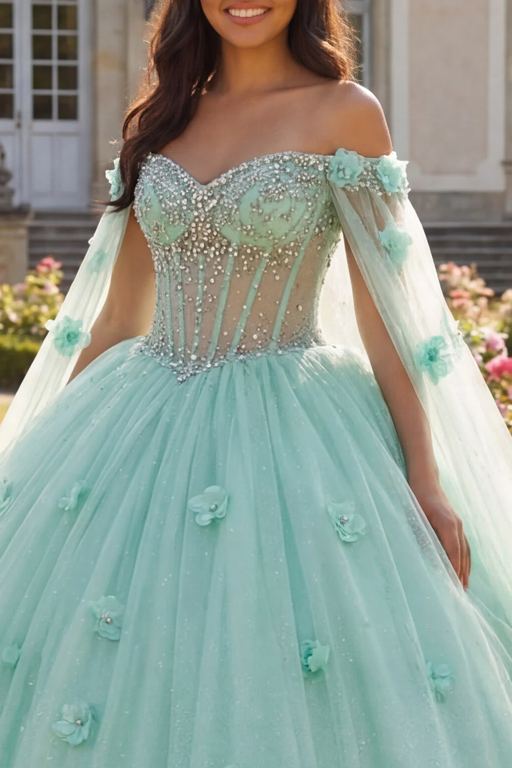 Jasnozielona suknia balowa z koralikami z ramionami, gorset 3D flower Quinceanera z peleryną - Image 3