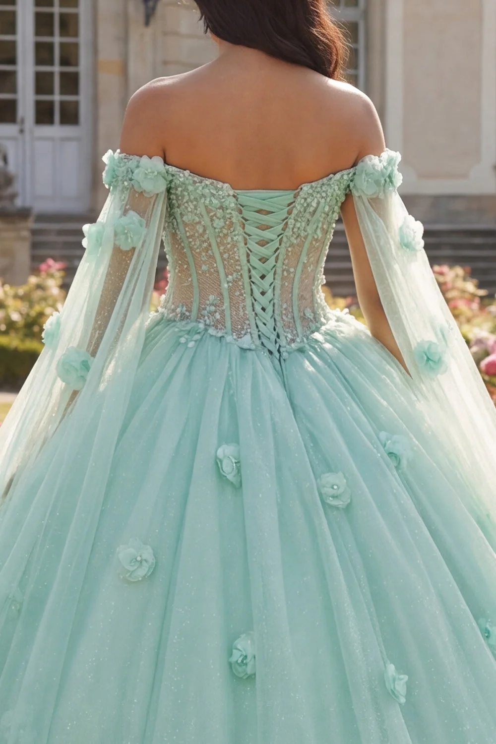Jasnozielona suknia balowa z koralikami z ramionami, gorset 3D flower Quinceanera z peleryną - Image 4