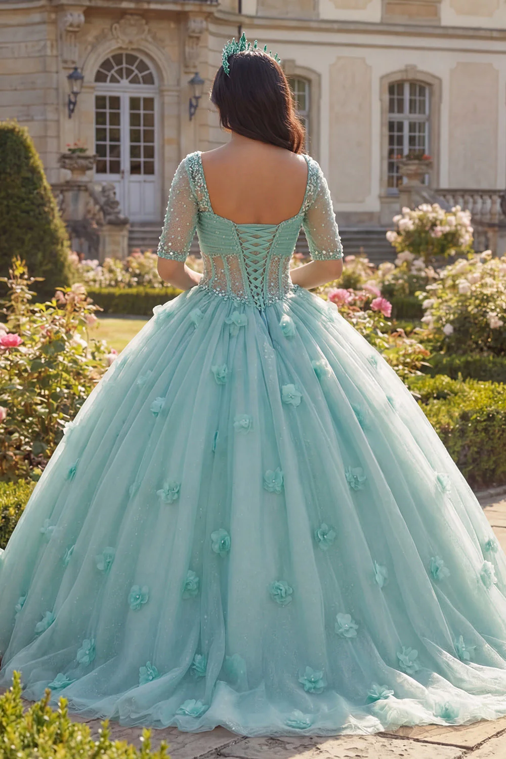 Jasnozielona suknia balowa z półrękawem i gorsetem 3D Flower Quinceanera - Image 2