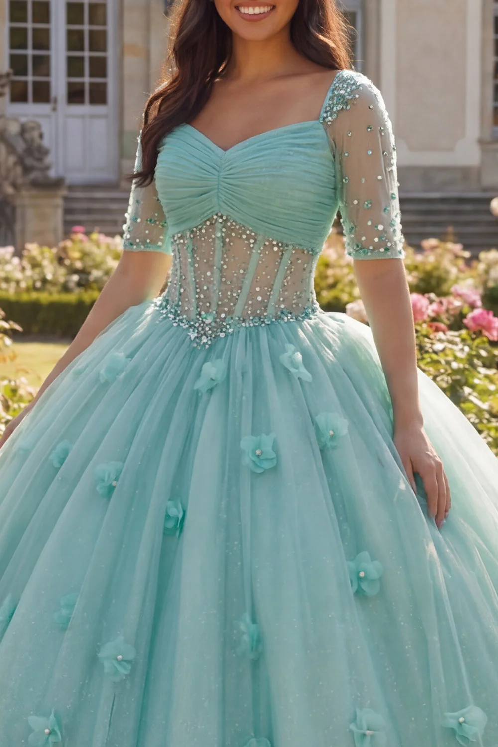 Jasnozielona suknia balowa z półrękawem i gorsetem 3D Flower Quinceanera - Image 3